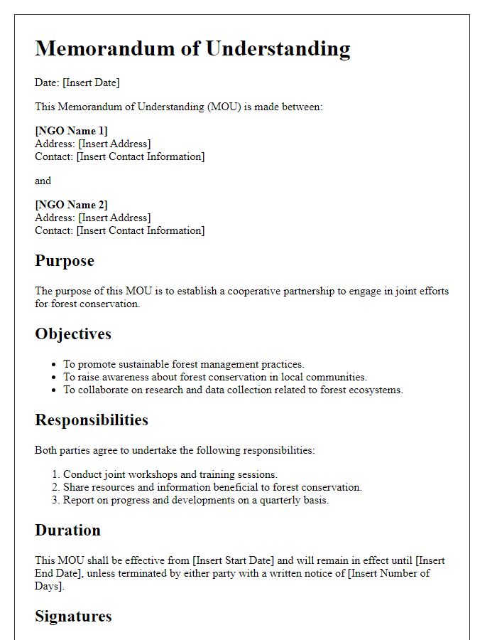 Letter template of memorandum of understanding for NGO forest conservation joint efforts