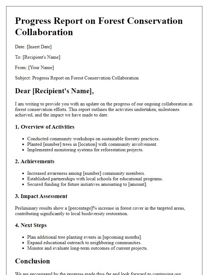 Letter template of progress report on NGO forest conservation collaboration