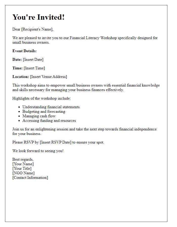 Letter template of invitation for NGO financial literacy workshop aimed at small business owners.