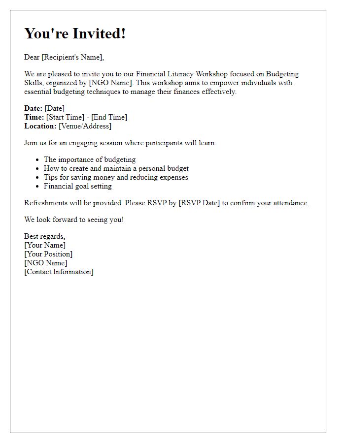 Letter template of invitation for NGO financial literacy workshop focusing on budgeting skills.