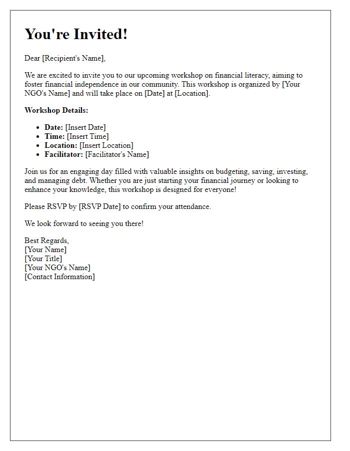 Letter template of invitation for NGO financial literacy workshop for fostering financial independence.