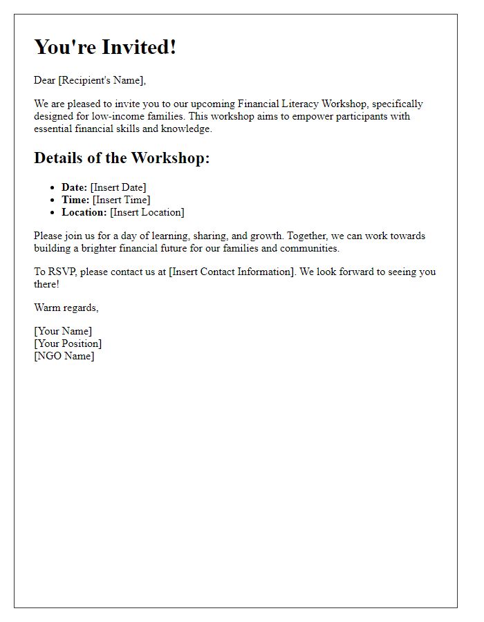 Letter template of invitation for NGO financial literacy workshop for low-income families.