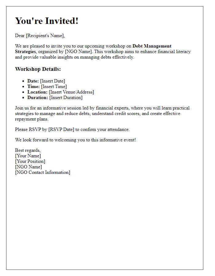 Letter template of invitation for NGO financial literacy workshop on debt management strategies.