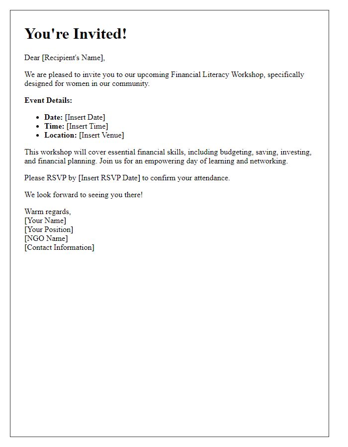 Letter template of invitation for NGO financial literacy workshop targeting women.