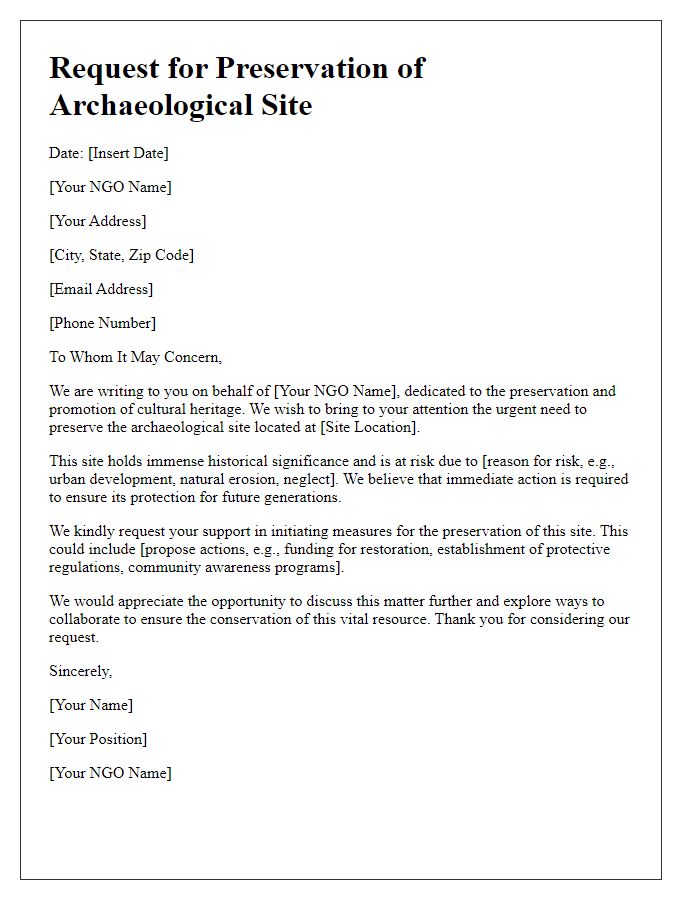 Letter template of NGO archaeological site preservation request