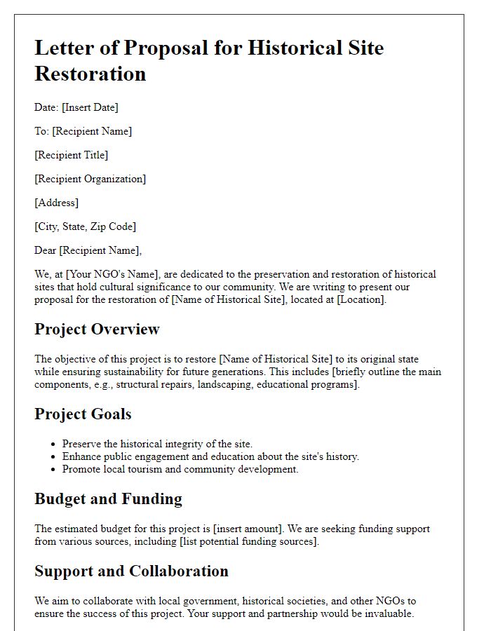 Letter template of NGO historical site restoration plan