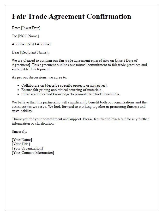 Letter template of fair trade agreement confirmation for NGOs