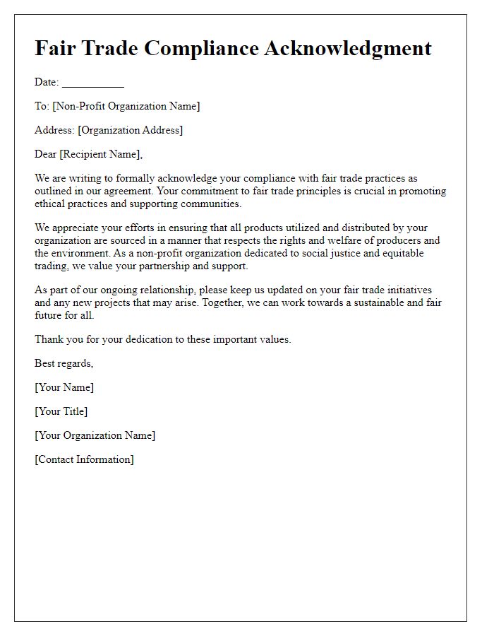 Letter template of fair trade compliance acknowledgment for non-profits