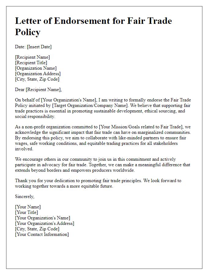 Letter template of fair trade policy endorsement for non-profit organizations