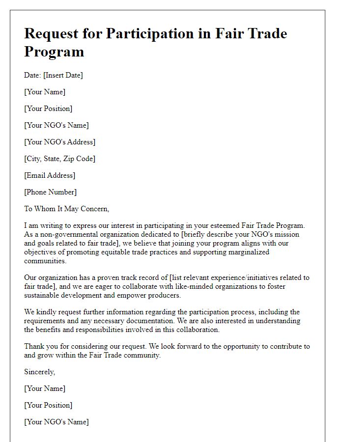 Letter template of fair trade program participation request for NGOs