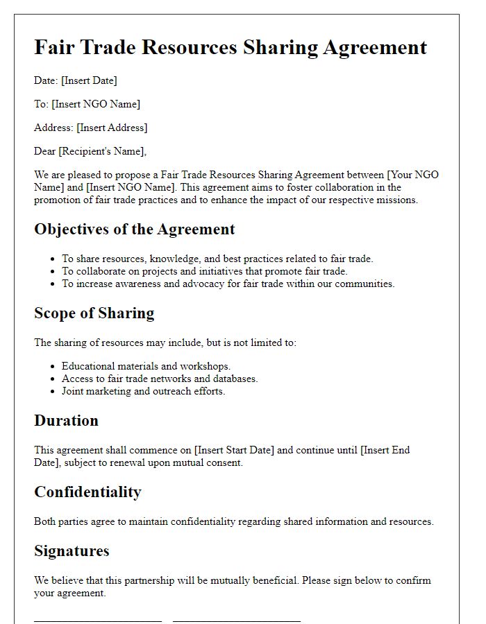 Letter template of fair trade resources sharing agreement for NGOs