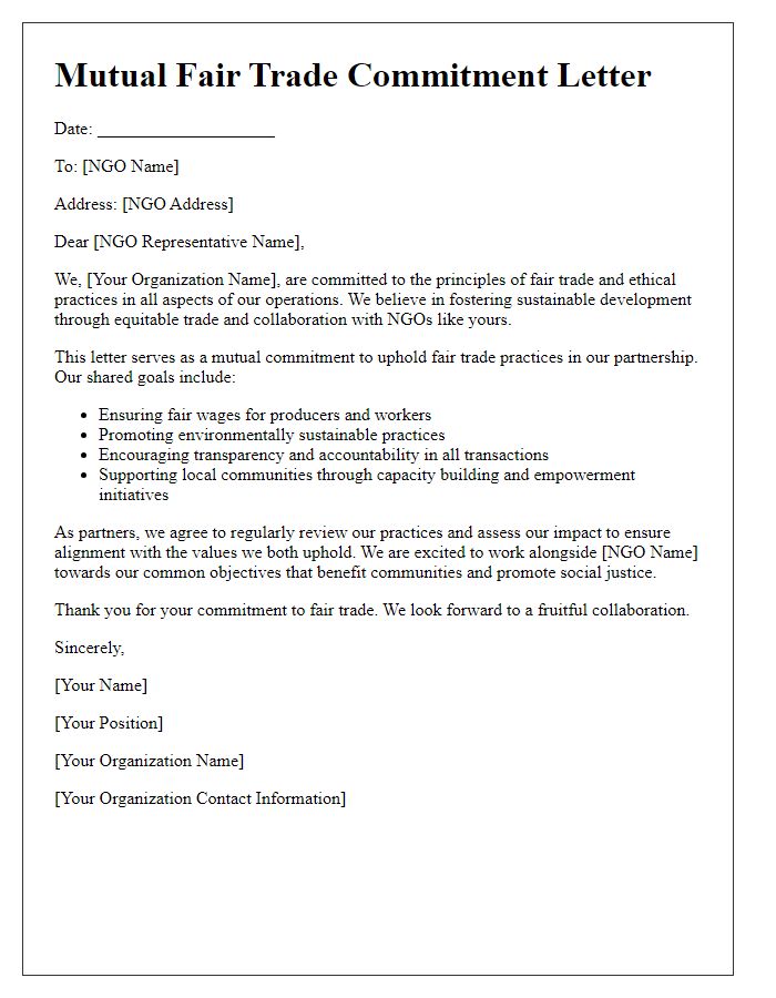 Letter template of mutual fair trade commitment letter for NGOs