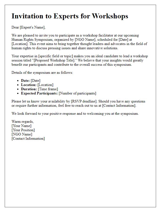 Letter template of invitation to experts for workshops at the NGO human rights symposium