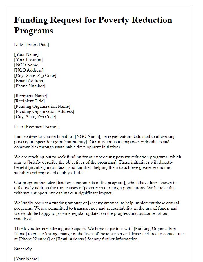 Letter template of NGO funding request for poverty reduction programs