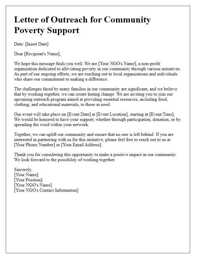 Letter template of NGO outreach for community poverty support