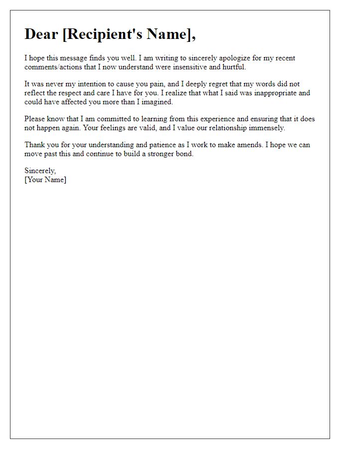 Letter template of heartfelt apology for insensitivity.