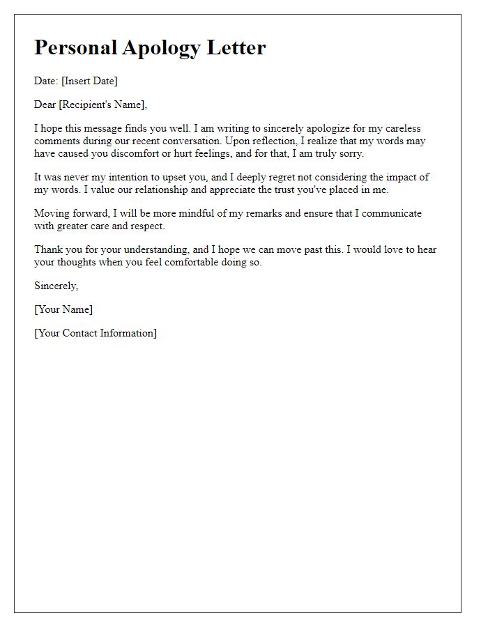 Letter template of personal apology for careless comments.