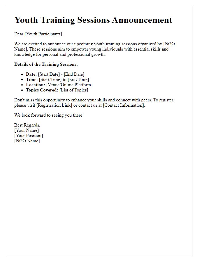 Letter template of announcement for NGO youth training sessions.