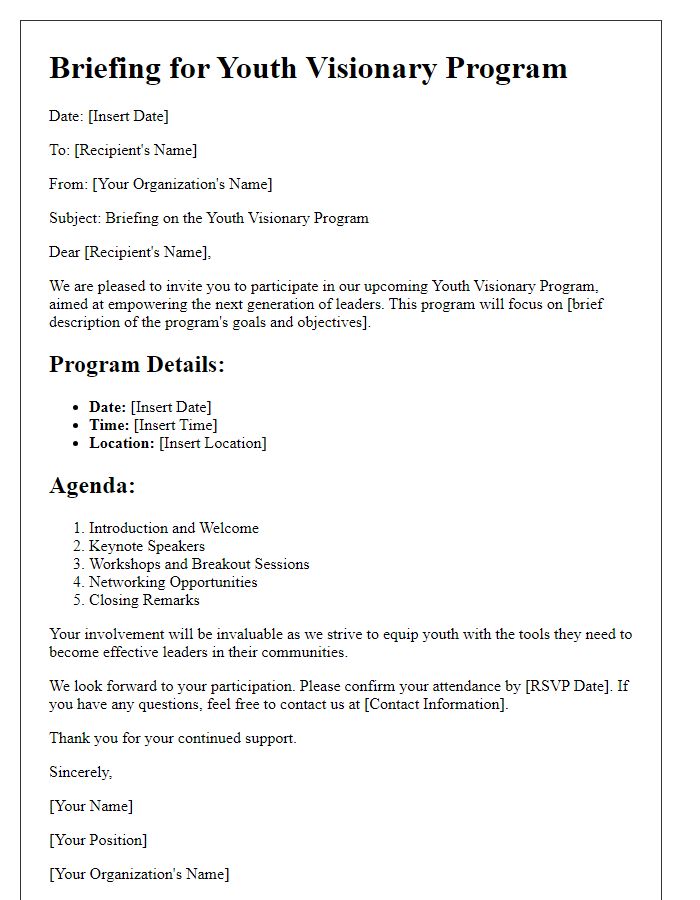 Letter template of briefing for NGO youth visionary program.