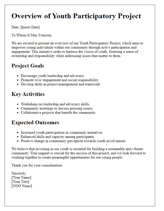 Letter template of overview for NGO youth participatory project.