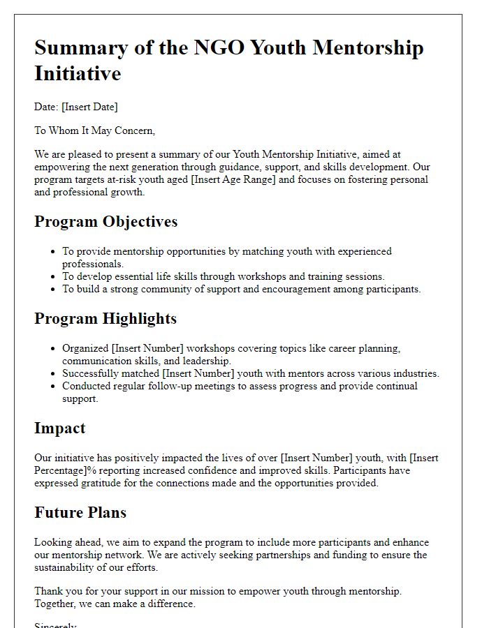 Letter template of summary for NGO youth mentorship initiative.