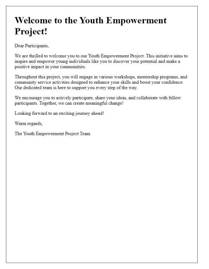 Letter template of welcome for NGO youth empowerment project.