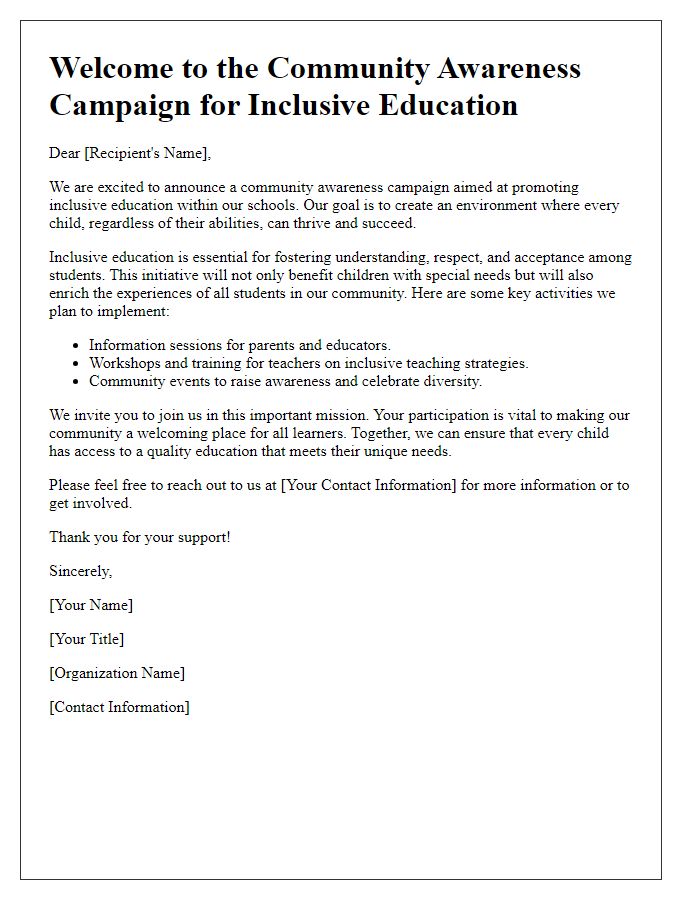 Letter template of community awareness campaign for inclusive education.