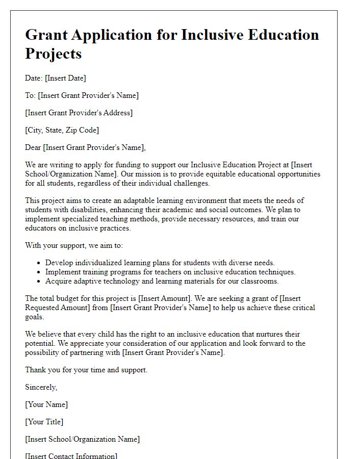 Letter template of grant application for inclusive education projects.