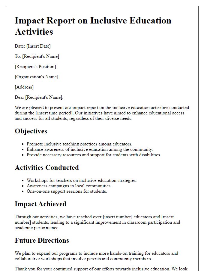 Letter template of impact report on inclusive education activities.