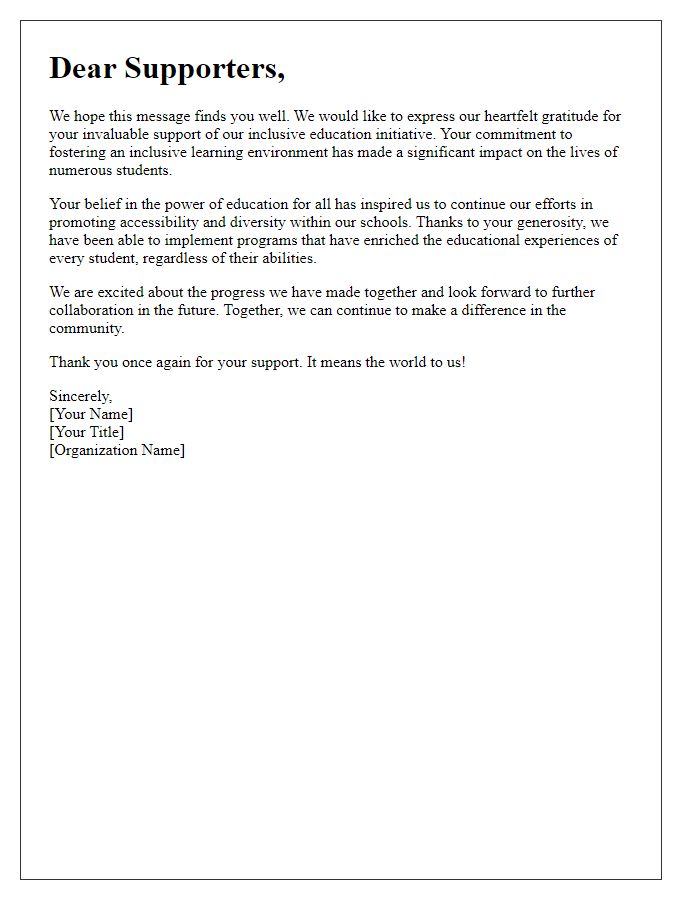 Letter template of thank you note to supporters of inclusive education initiative.