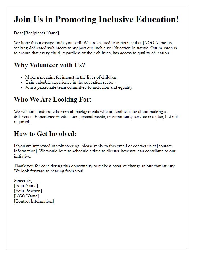 Letter template of volunteer recruitment for NGO inclusive education initiative.