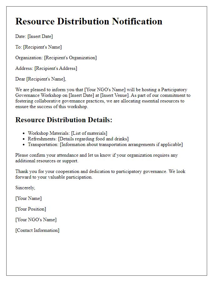 Letter template of resource distribution for NGO participatory governance workshop