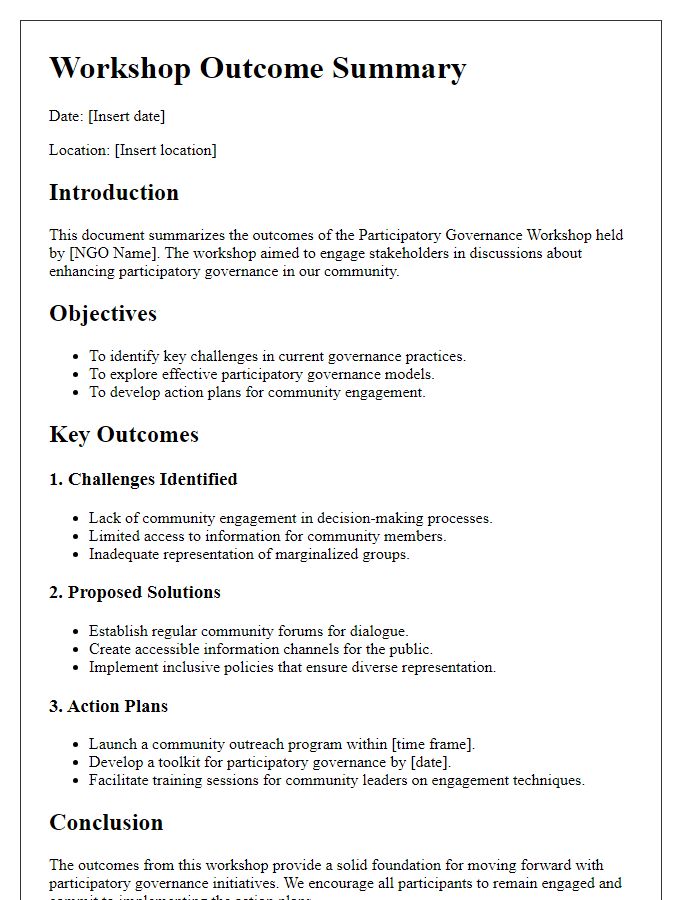 Letter template of workshop outcome summary for NGO participatory governance workshop