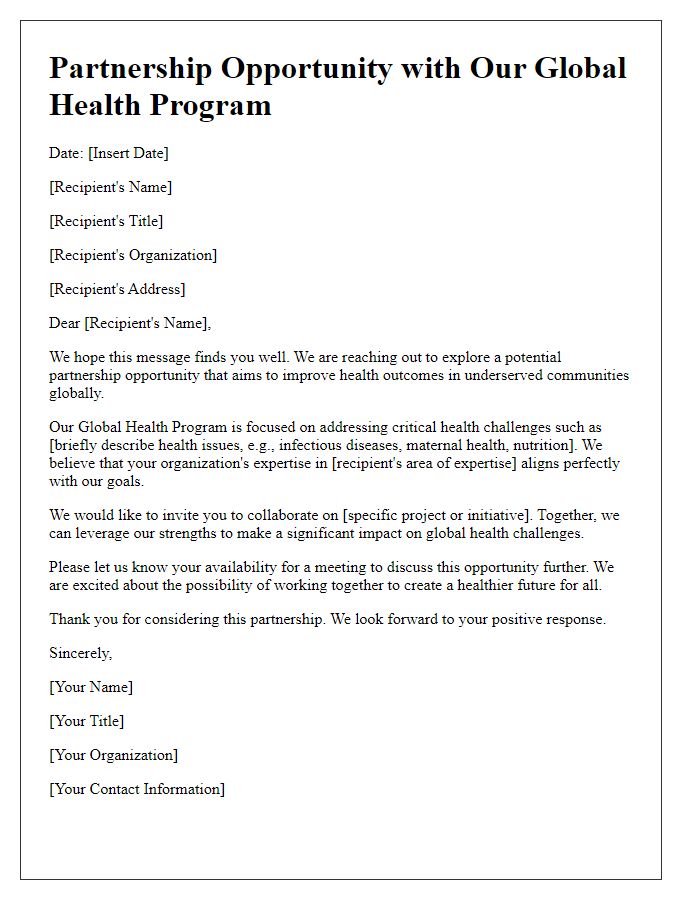 Letter template of Global Health Program Partnership Opportunity