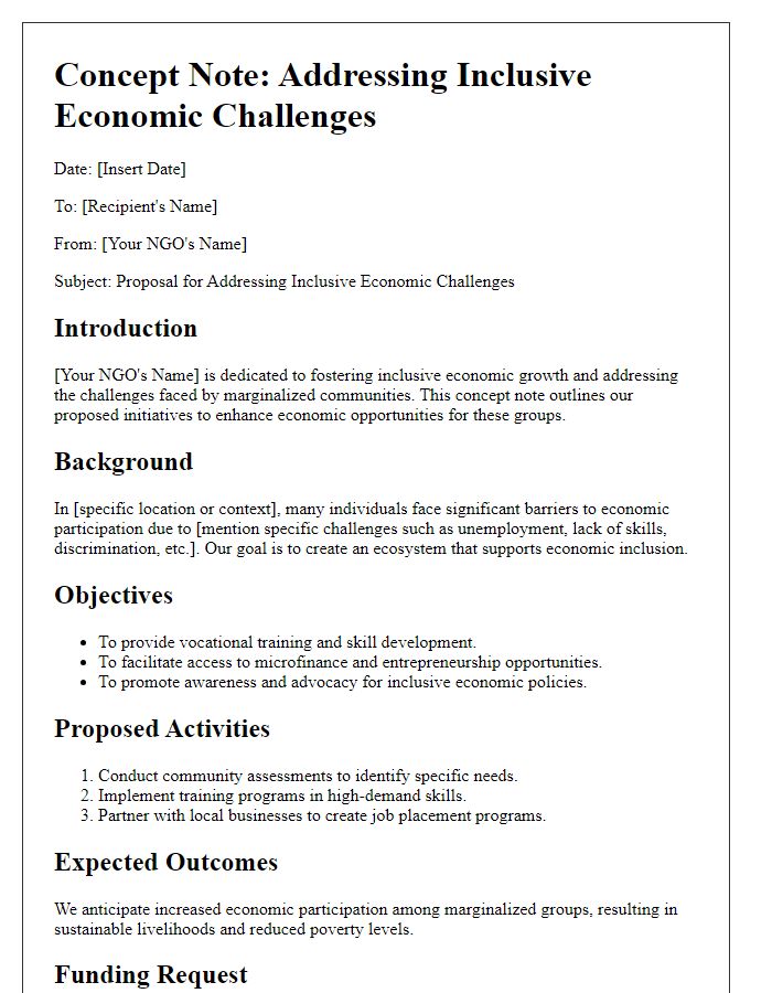 Letter template of NGO concept note for addressing inclusive economic challenges.