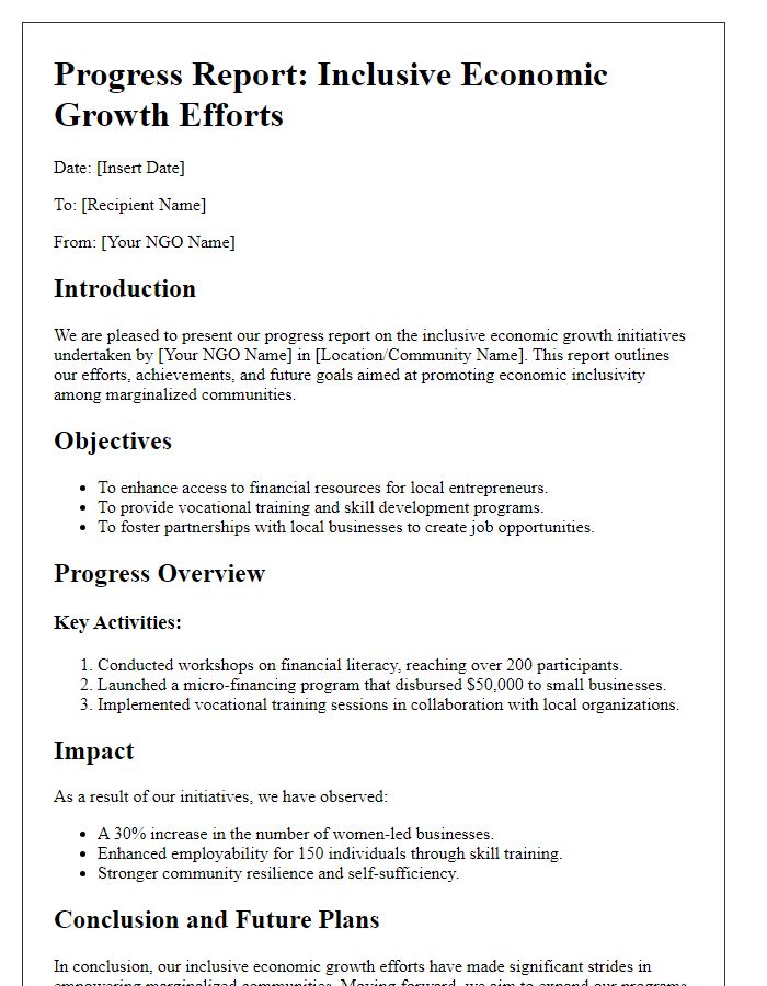 Letter template of NGO progress report on inclusive economic growth efforts.