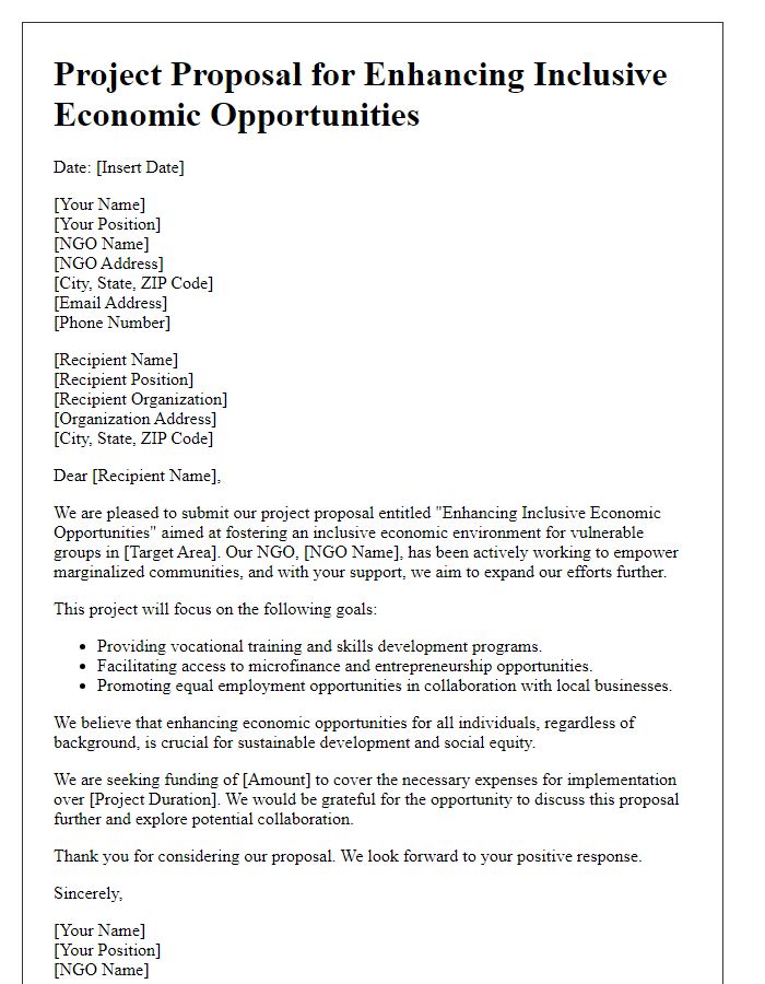 Letter template of NGO project proposal for enhancing inclusive economic opportunities.