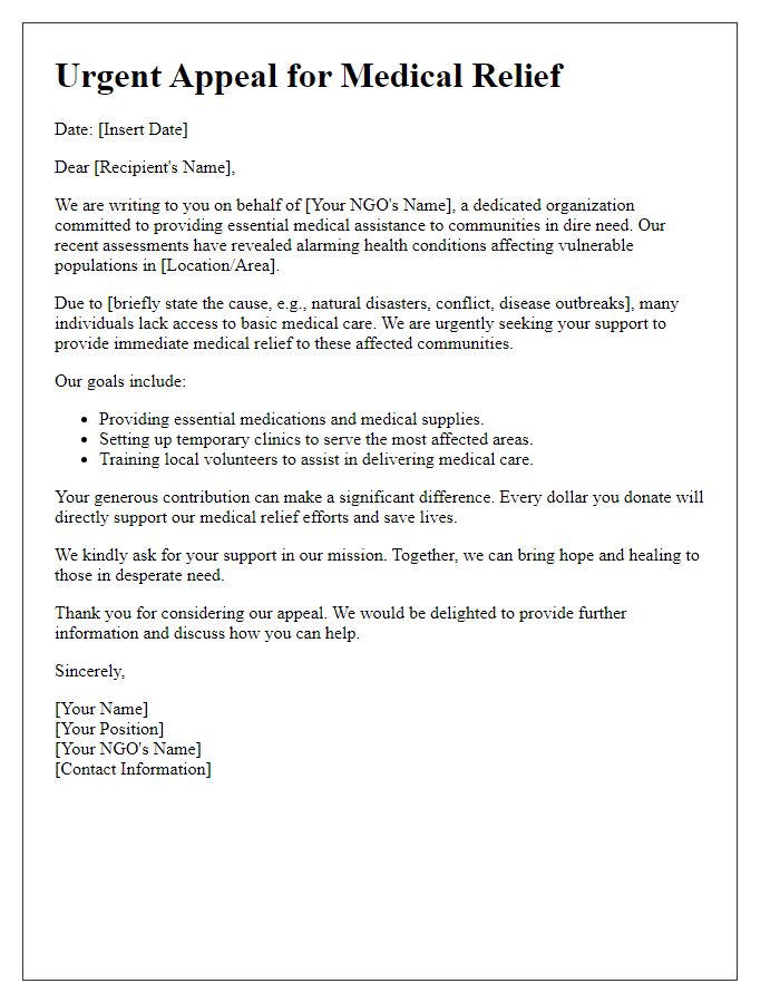 Letter template of NGO appeal for immediate medical relief