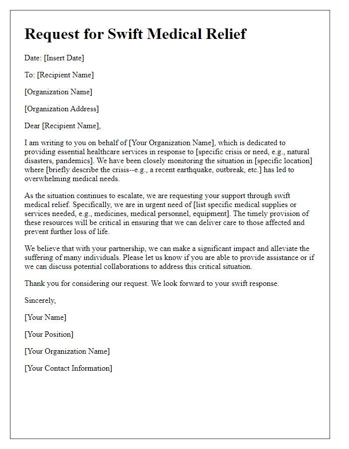 Letter template of swift medical relief request addressed to NGOs