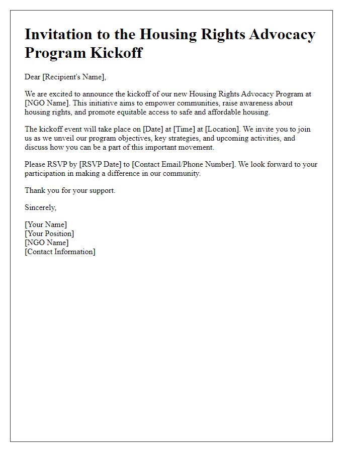 Letter template of NGO housing rights advocacy program kickoff