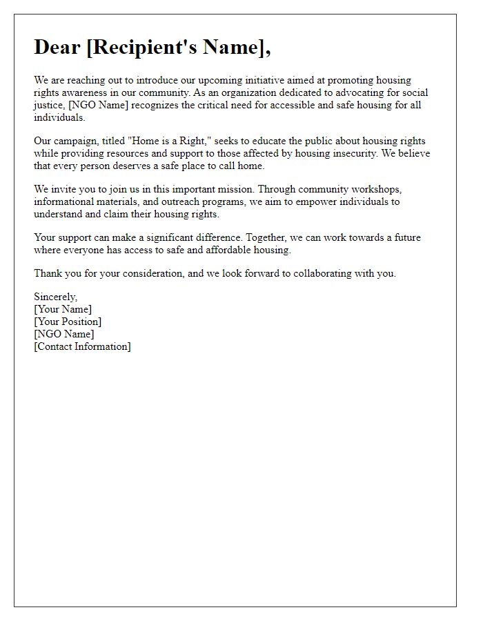 Letter template of NGO housing rights awareness campaign introduction