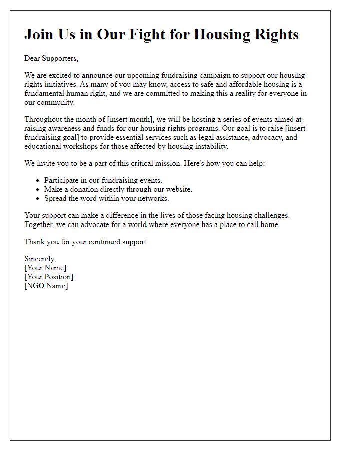 Letter template of NGO housing rights fundraising campaign announcement