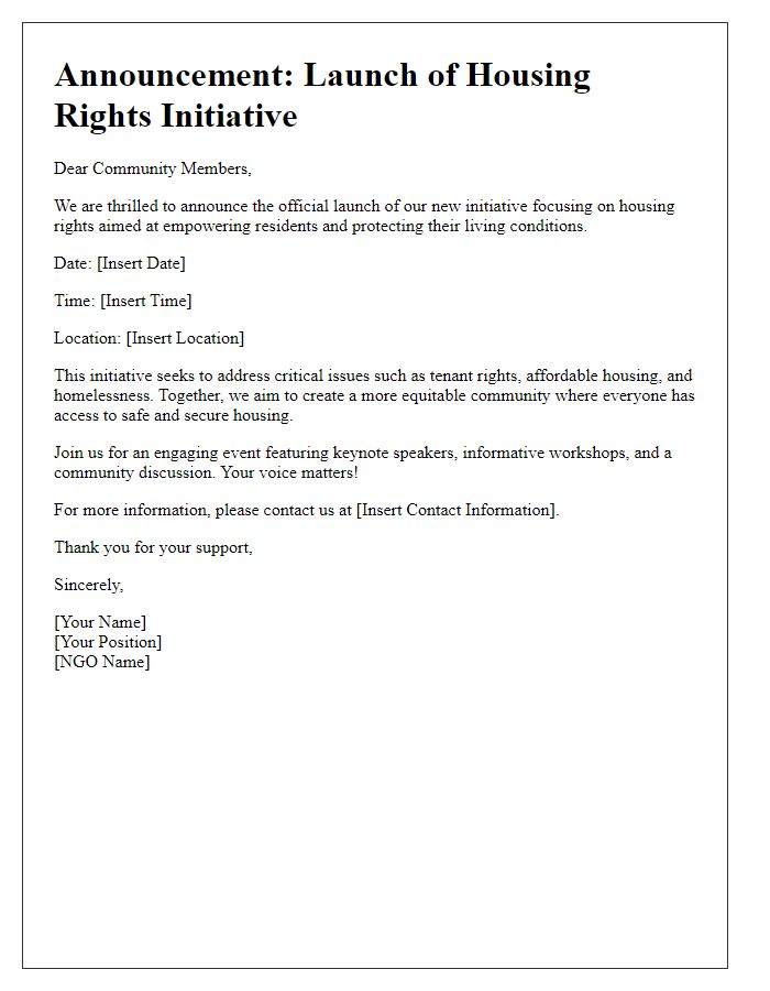 Letter template of NGO housing rights initiative launch announcement