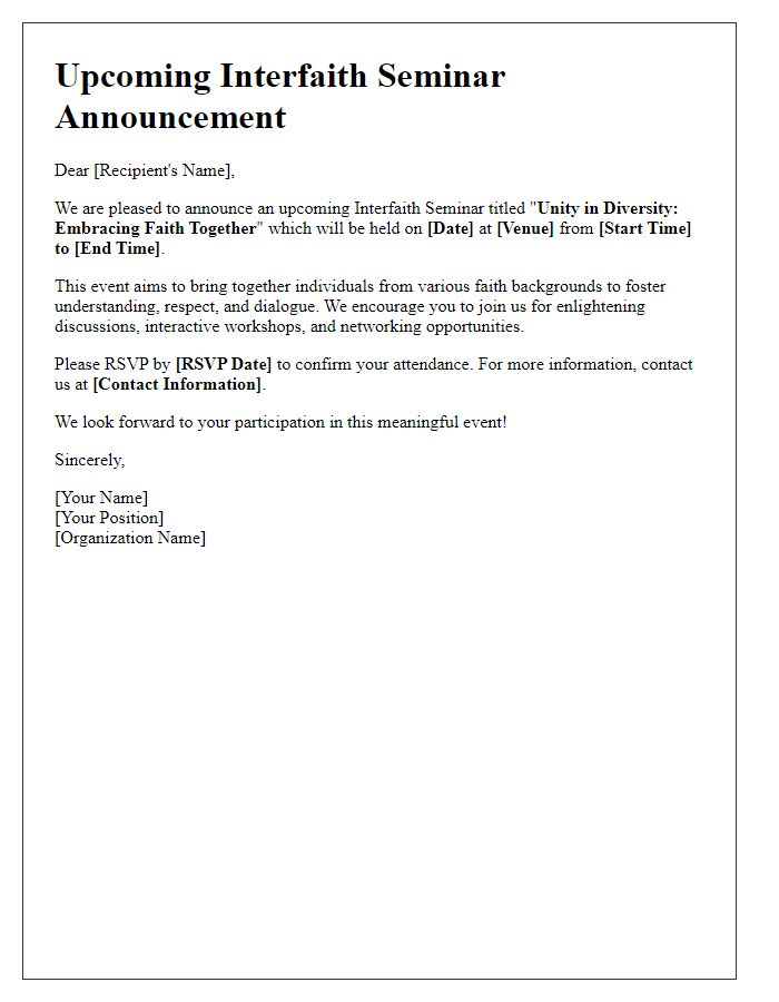 Letter template of announcement for upcoming interfaith seminar