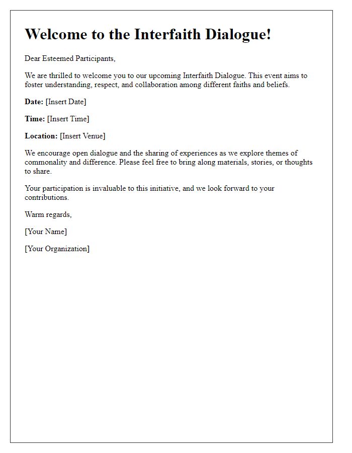 Letter template of welcome notice for interfaith dialogue participants