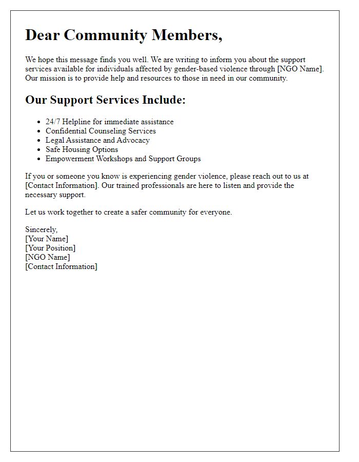 Letter template of NGO outlining gender violence support services.