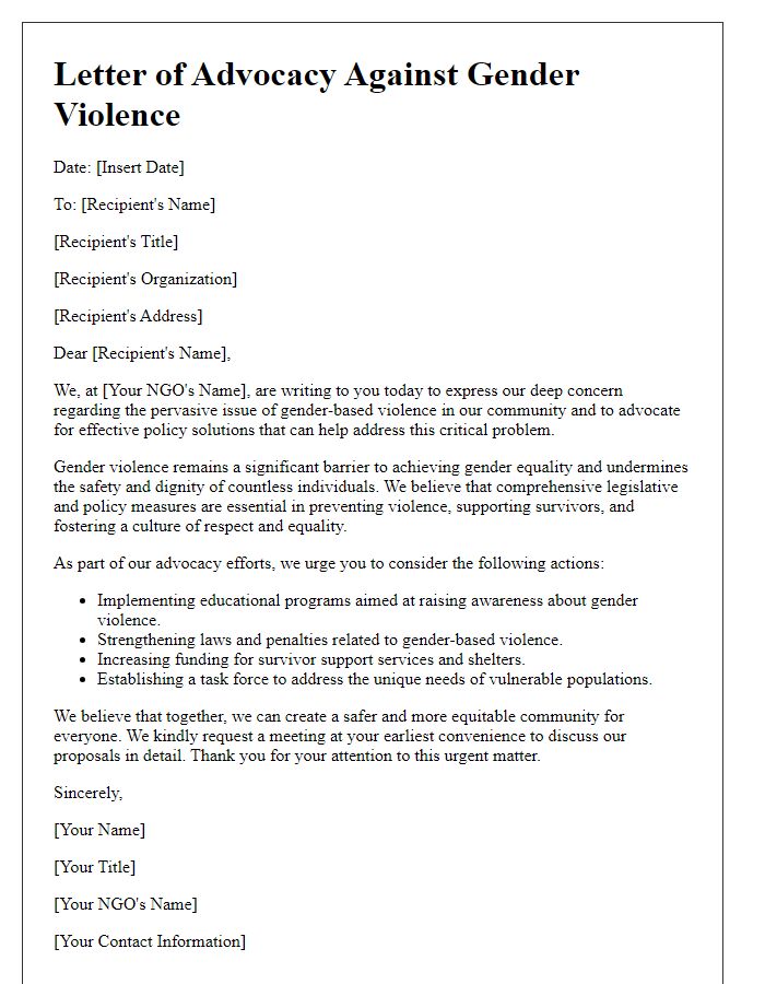 Letter template of NGO for policy advocacy against gender violence.