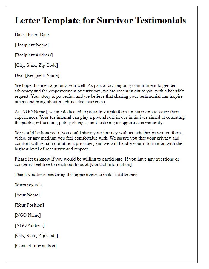 Letter template of NGO for survivor testimonials in gender advocacy.