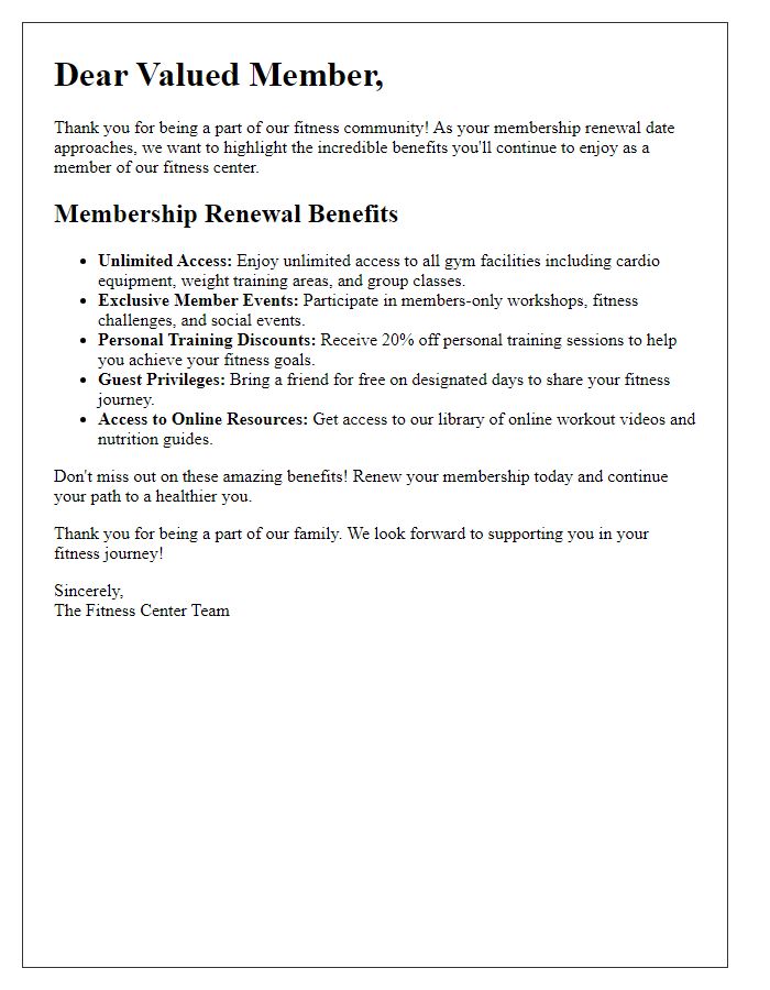 Letter template of fitness center membership renewal benefits overview.