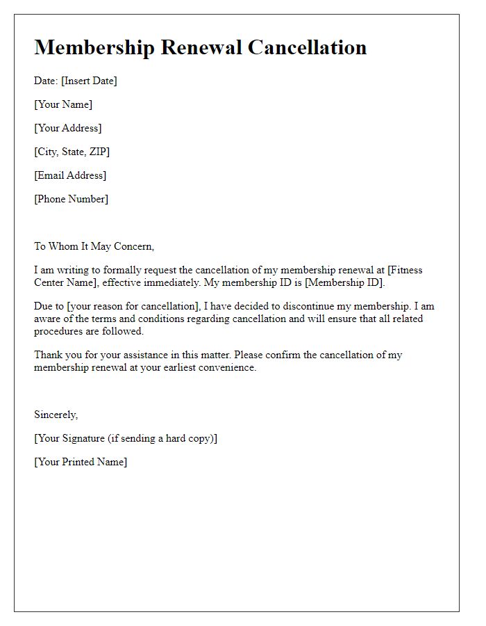 Letter template of fitness center membership renewal cancellation.